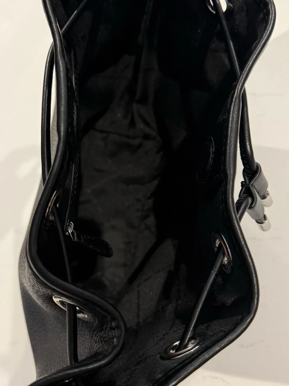 Michael Kors Black Leather Bucket Bag with Silver Hardware and Strap